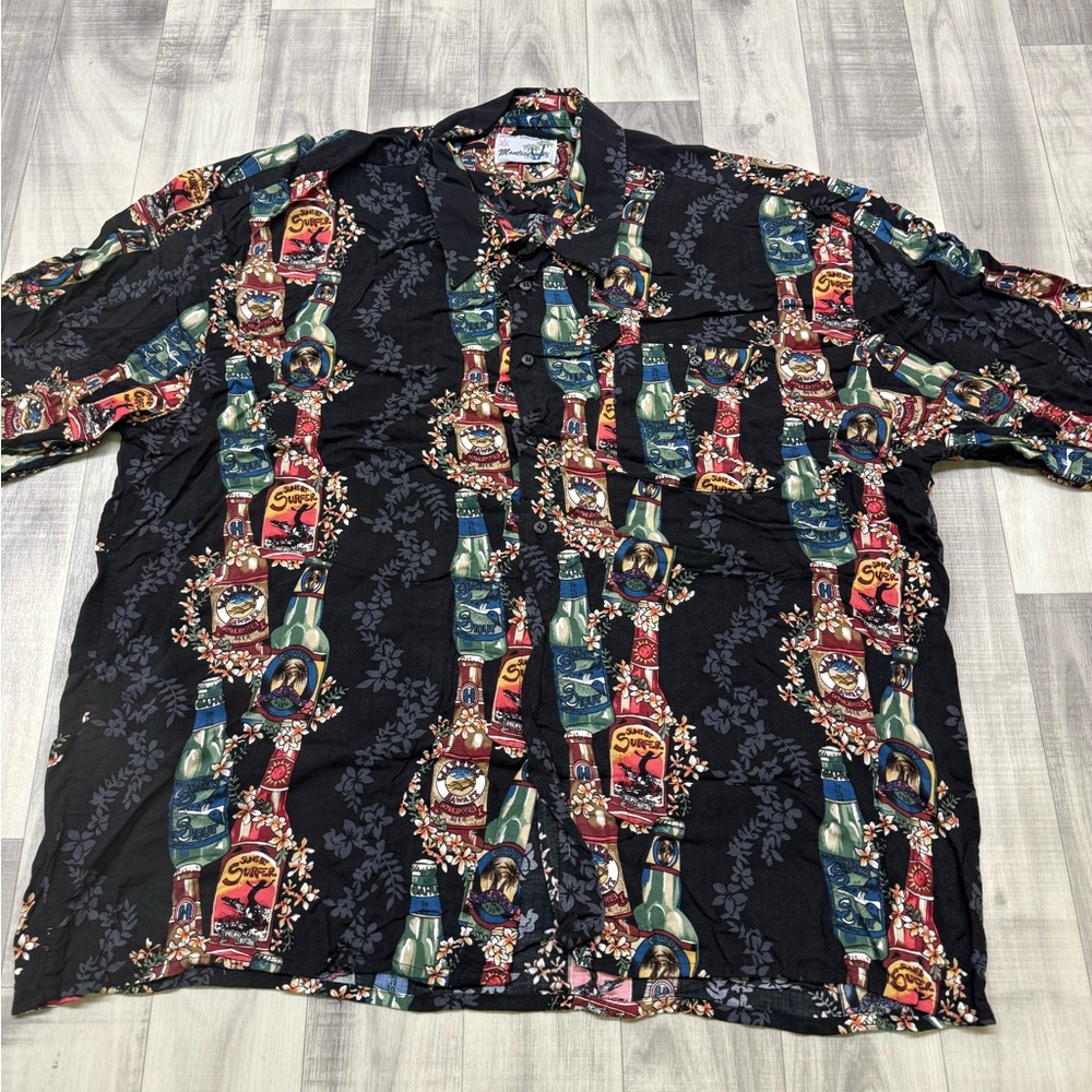 Men's XXL Original Hawaiian Shirt Black Short Sleeve Button-Up Beer Bottle Print